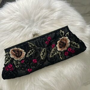 Black embroidered and sequined clutch purse